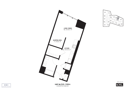 Floor plan for 1 bed, 1 bath, 539 sqft